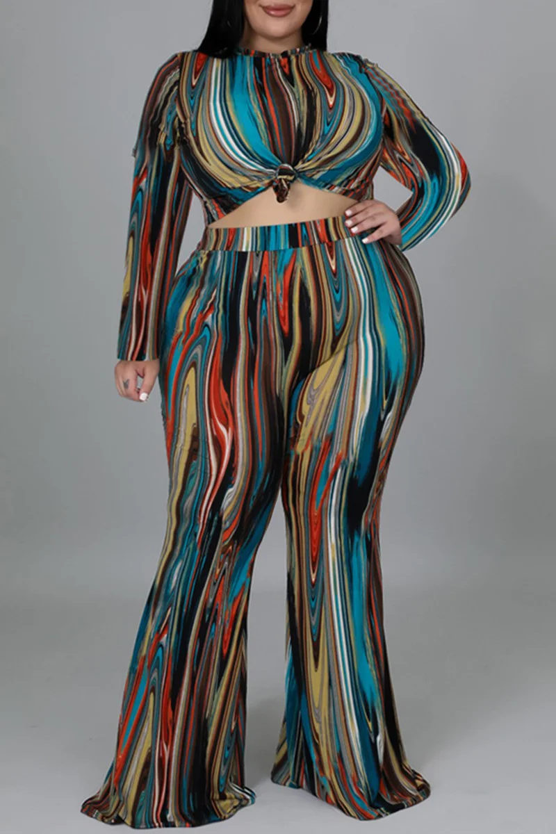 Colour Fashion Casual Print Basic O Neck Plus Size Two Pieces