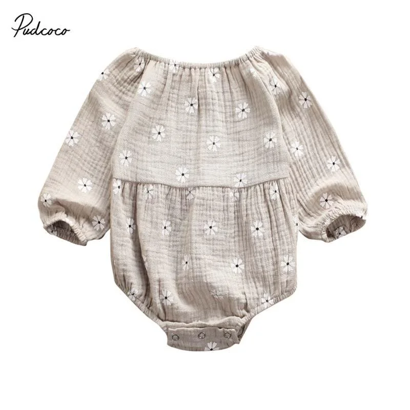 2019 Baby Spring Autumn Clothing Newborn Infant Baby Girls Cotton Linen Long Sleeves Off Shoulder Floral Bodysuit Jumpsuit 0-24M