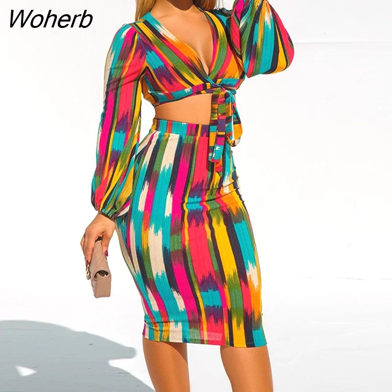 Woherb Women Long Sleeve Tie V Neck Crop Top and Midi Skirt Set Sexy Two Pieces Party Clubwear Elegant Boho Beachwear