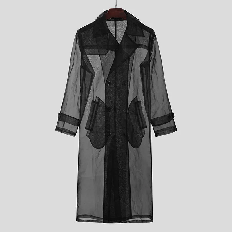 Fashion Double Breasted Outerwear Thin See Through Streetwear Coats INCERUN Mens Mesh Trench Long Sleeve Lapel Long Jackets 5XL