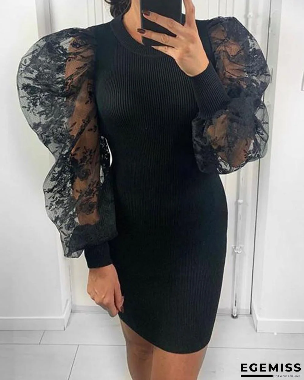 Mesh Sleeve Bodycon Rib Dress Black Dresses | EGEMISS