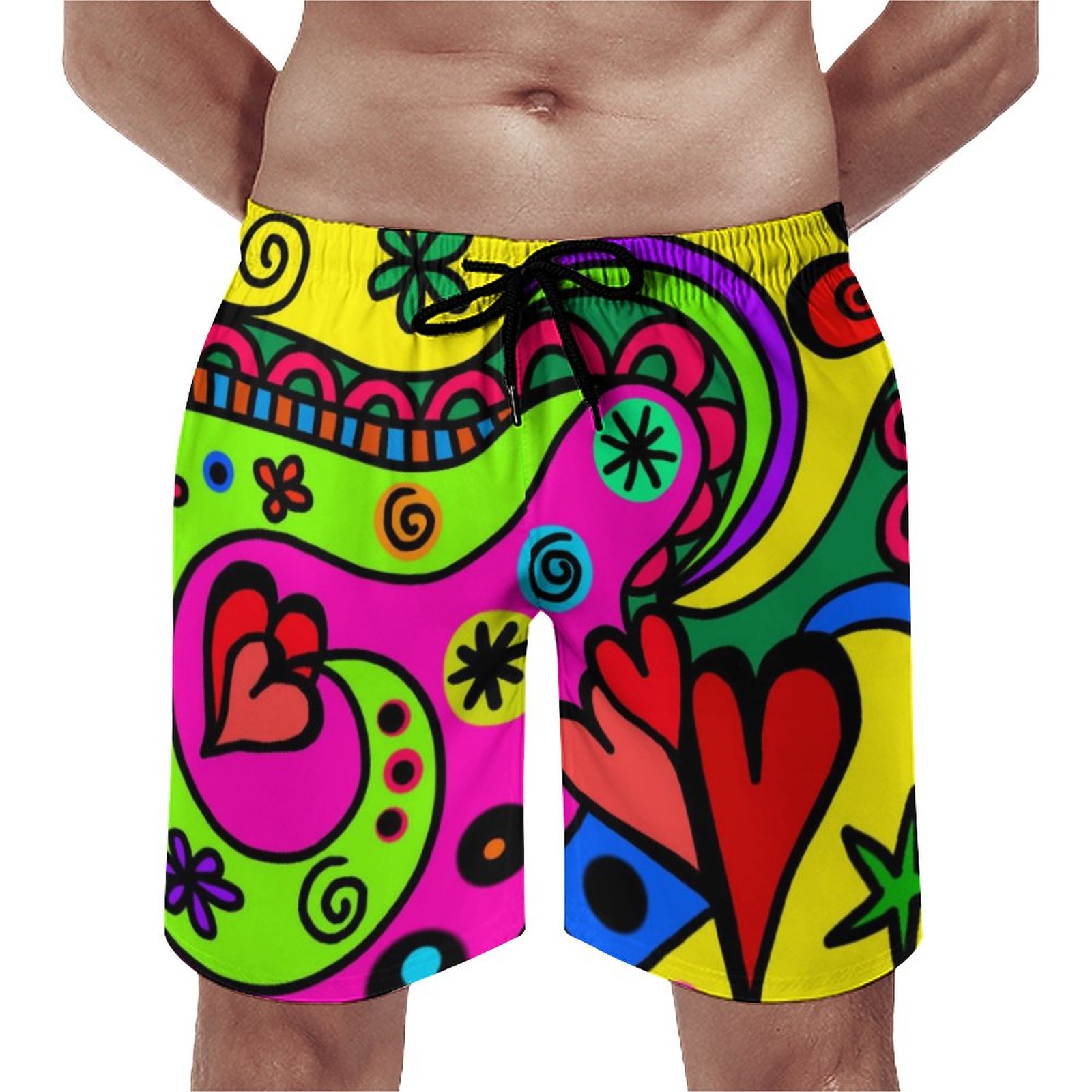 Bright Hearts And Swirl Pattern Elegant Men's Swim Trunks Summer Board Shorts Quick Dry Beach Short with Pockets