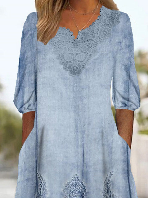 Women's 3/4 Sleeve V-neck Floral Printed Lace Stitching Midi Dress