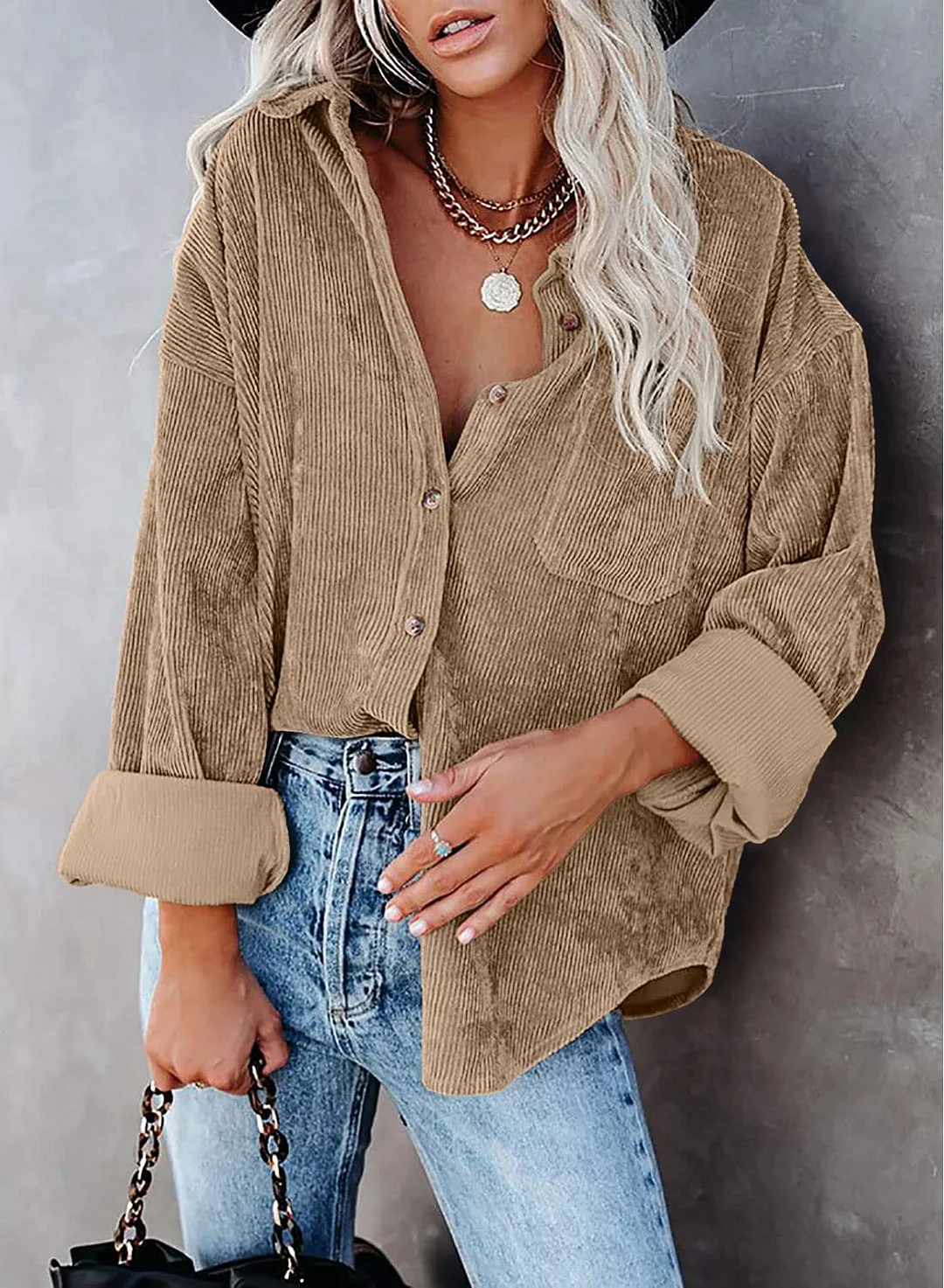 MIHOLL Women Corduroy Long Sleeve Button Down Collared Shirt Jacket Tops