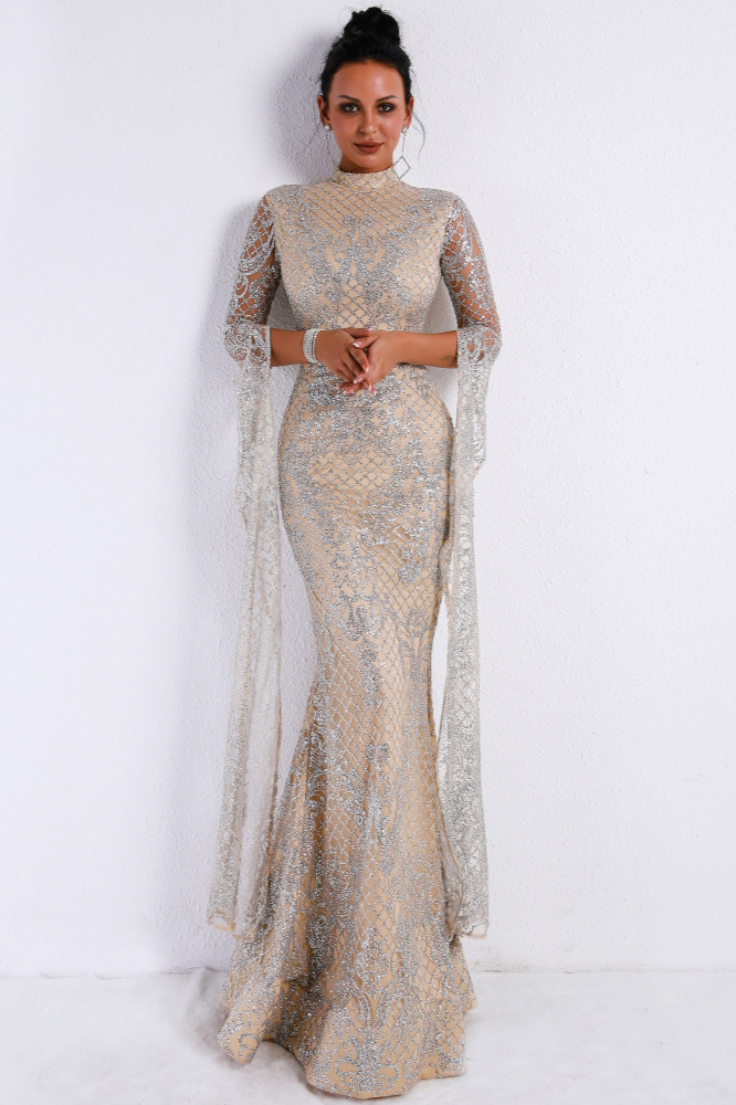 silver long sleeve sequins mermaid prom dress 