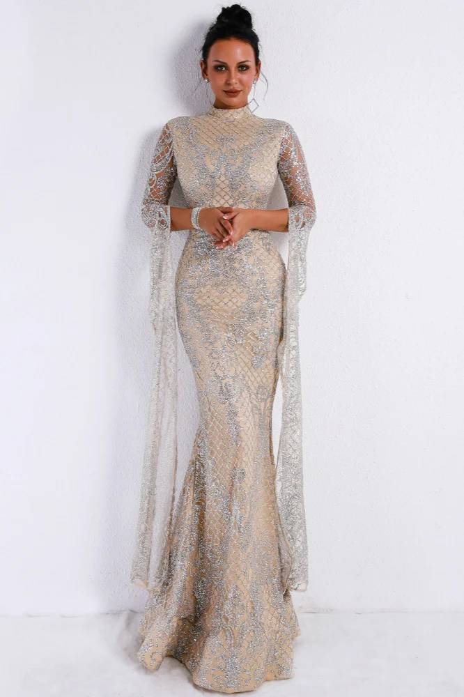 Glittering High-Neck Sequins Mermaid Prom Dress With Long Sleeve Ruffles - lulusllly
