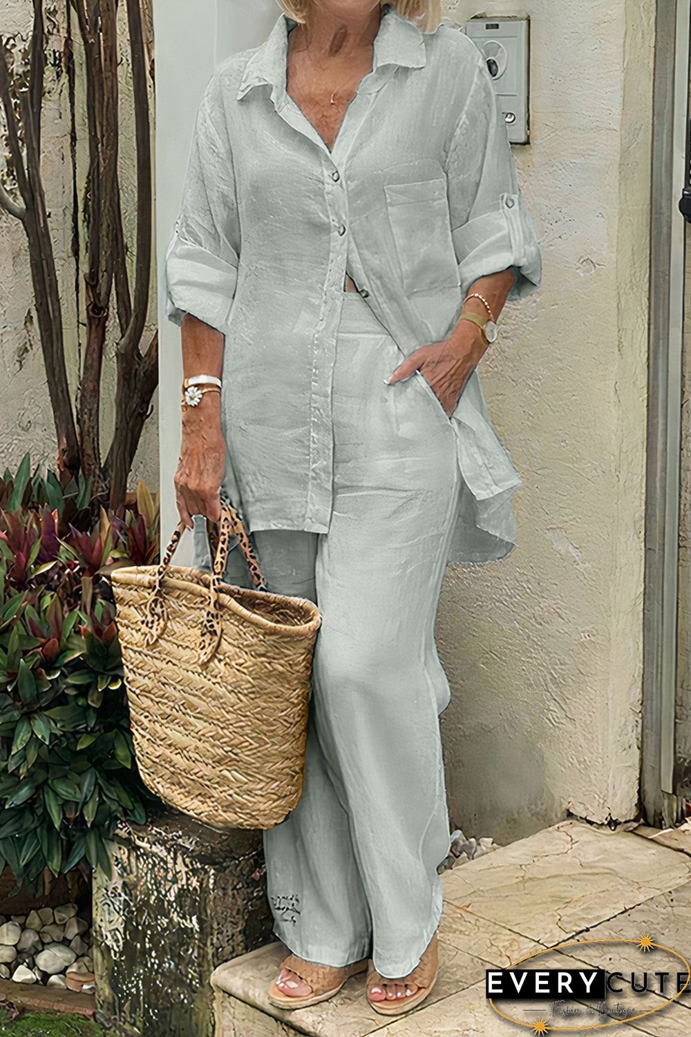 Button Up Roll Tab Sleeve Shirt & Pants Set