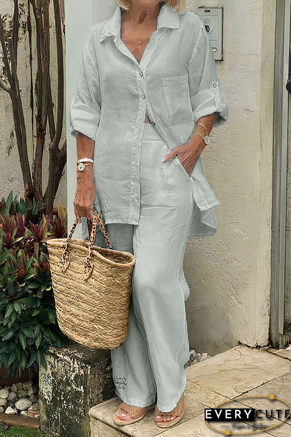 Button Up Roll Tab Sleeve Shirt & Pants Set