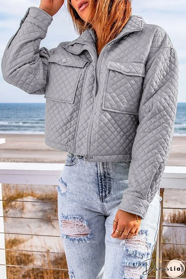Gray Quilted Pocketed Zip Up Cropped Jacket