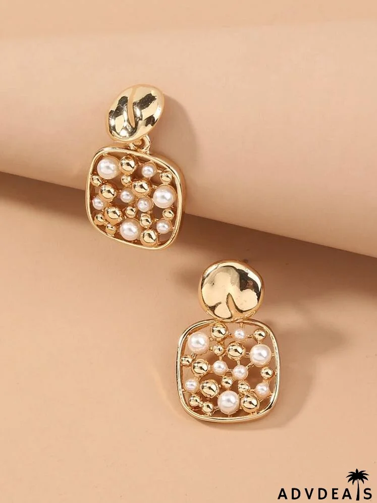 Faux Pearl Decor Hollow Out Square Drop Earrings