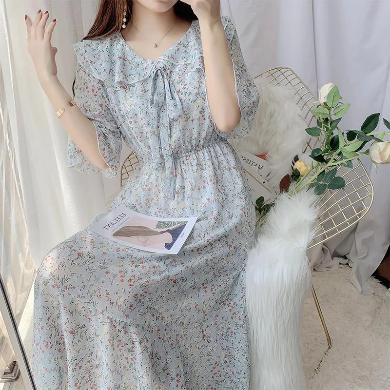 Jangj Pan Collar Long Dress with Bow Decoration For Girl Summer Floral Dress 2022 Women's Elegant Chiffion Dress Sweet Robe