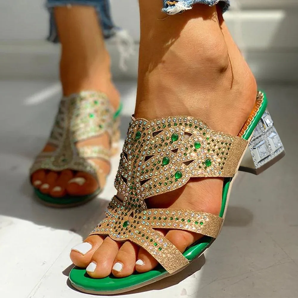 Green Slingback Block Heel Sandals Patterned Mules