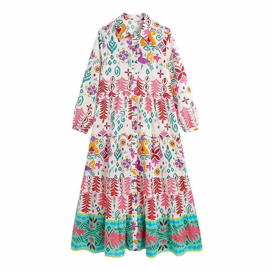 Zevity 2021 Women Vintage Color Matching Totem Floral Print Shirt Midi Dress Female Chic Breasted Pleats Kimono Vestidos DS8681