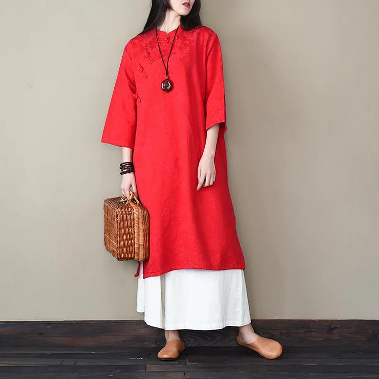 Classy bracelet sleeved cotton spring tunics for women Sleeve red Robe Dress