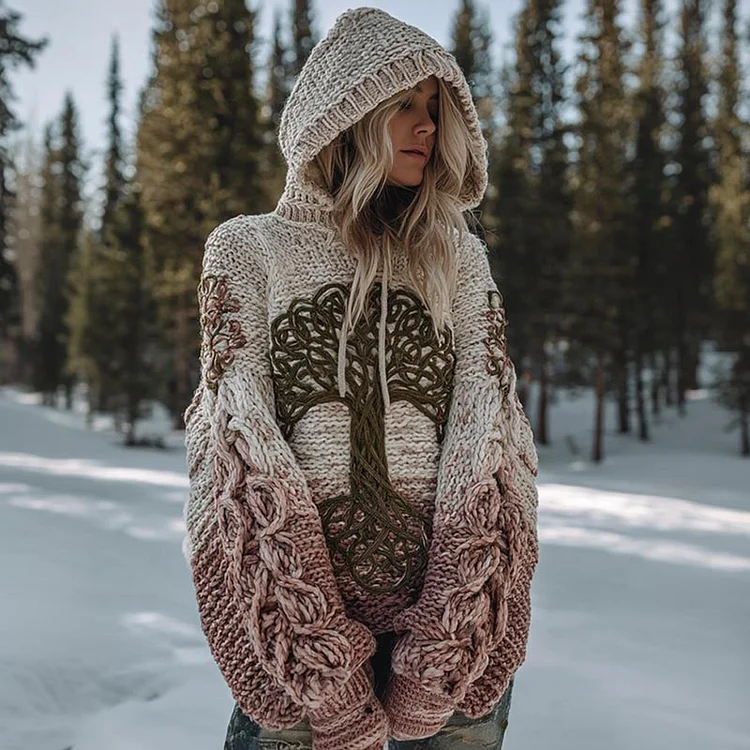Women's Viking Tree Of Life Color Block Comfortable Knit Hoodie