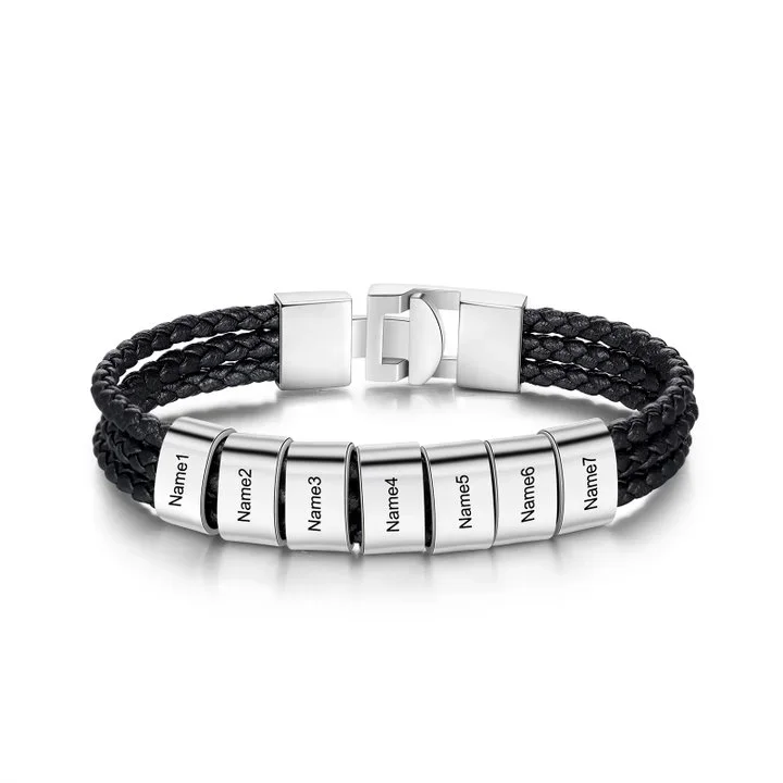 Men Leather Bracelet with 8 Beads Engraved 8 Names Three Layers Bracelet