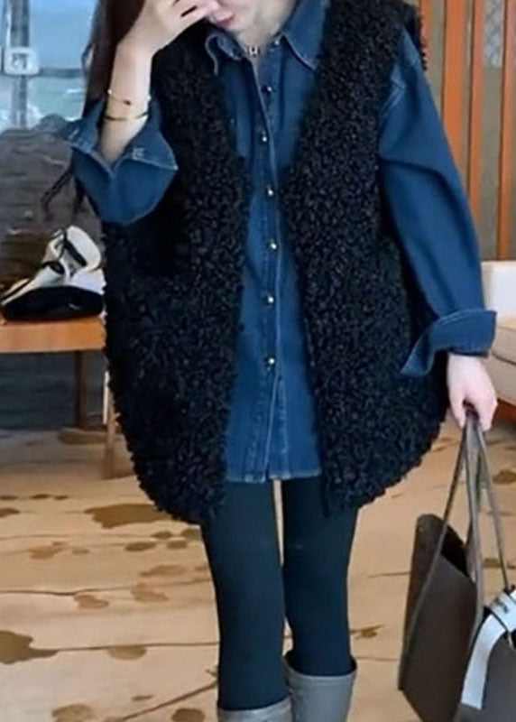 VCSHOES Black V Neck Teddy Faux Fur Black Waistcoat And Shirts Two Piece Set Fall