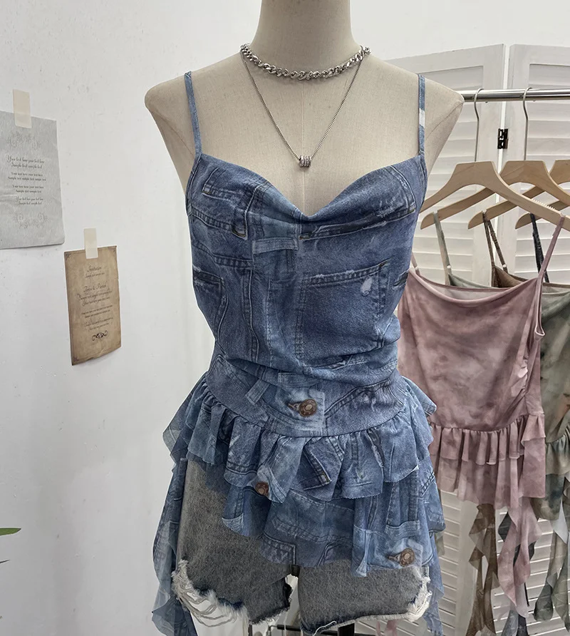 Brownm Real Shoot Spice Girl Swing Network Yarn Print Sling Vest Retivating Lotus Leaf Side Ribbon Short Top 1210