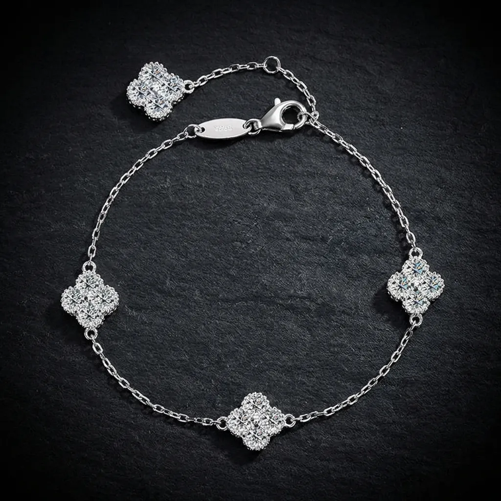 JiStones Ethereal Clover Moissanite Bracelet | S925 Sterling Silver White Gold (Clear Moissanite + GRA Set)-2.4 Carats Total Weight