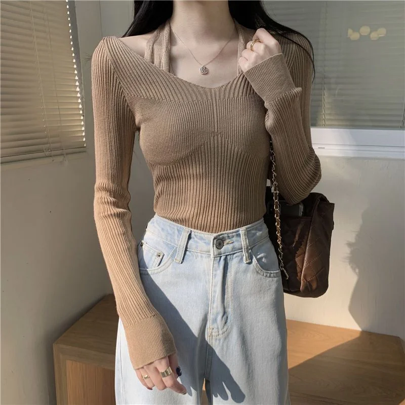 Uveng Uveng Up Spring And Autumn New Chic Sexy Chest Thin Hanging Neck Two Long-Sleeved Knitted Jersey Jersey Elastic Sweater