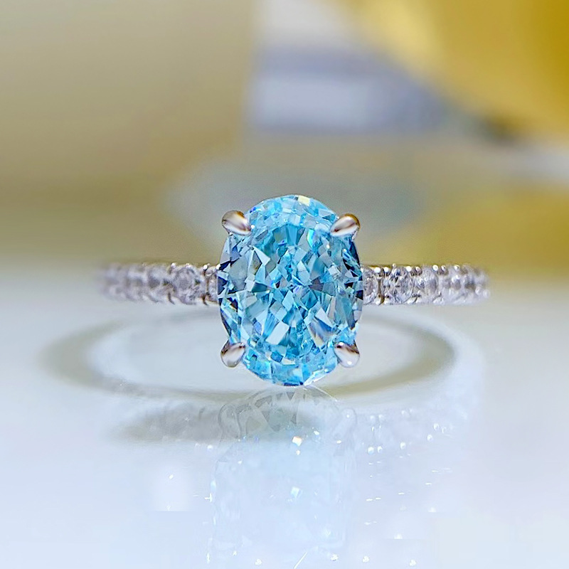 MIKAMU S925 Silver Oval Radiant Cut Aquamarine Ring for Women