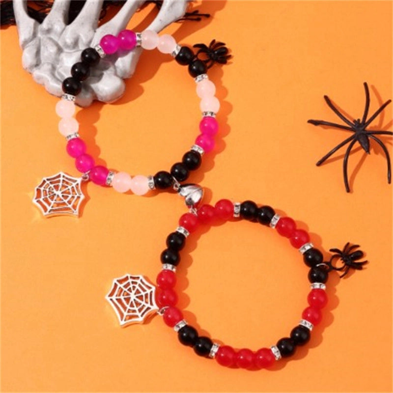 Popular Halloween 8mm Spider Magnetic Love Beaded Bracelet Jewelry Elastic Rope Couple Bracelet