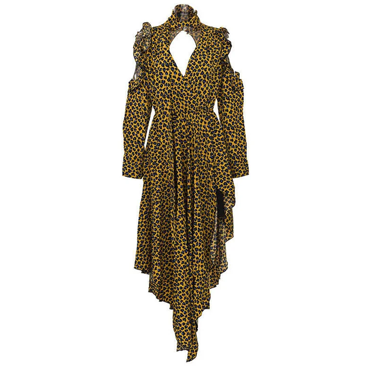 Bohemia Leopard V-neck Ruffles Long Sleeve Hollow Out Irregular Maxi Dress    