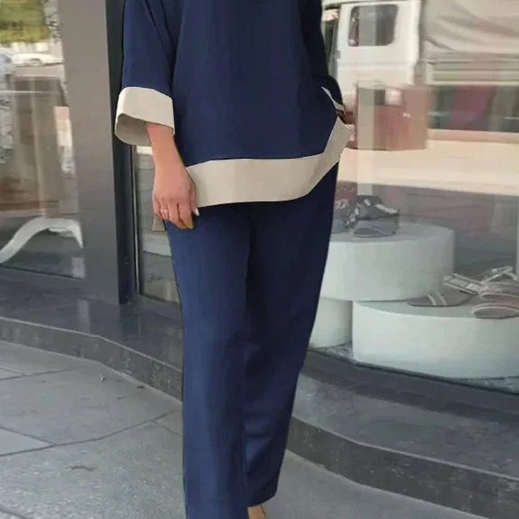 Crew Neck 3/4 Sleeve Top & Pants Two-piece Set