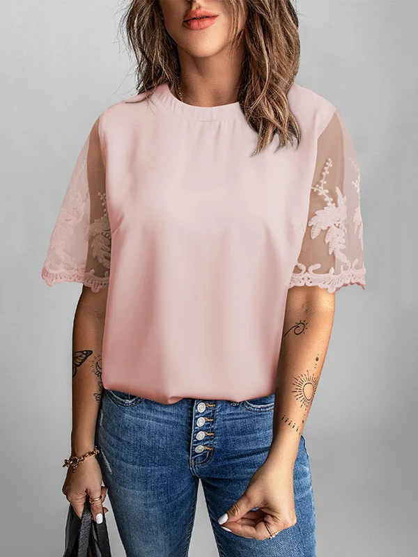 Original Loose Solid Color Lace Split-Joint T-Shirt Top