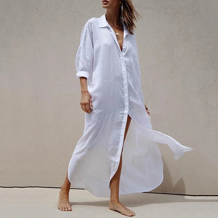 Solid Loose Casual Linen Blend Maxi Dress