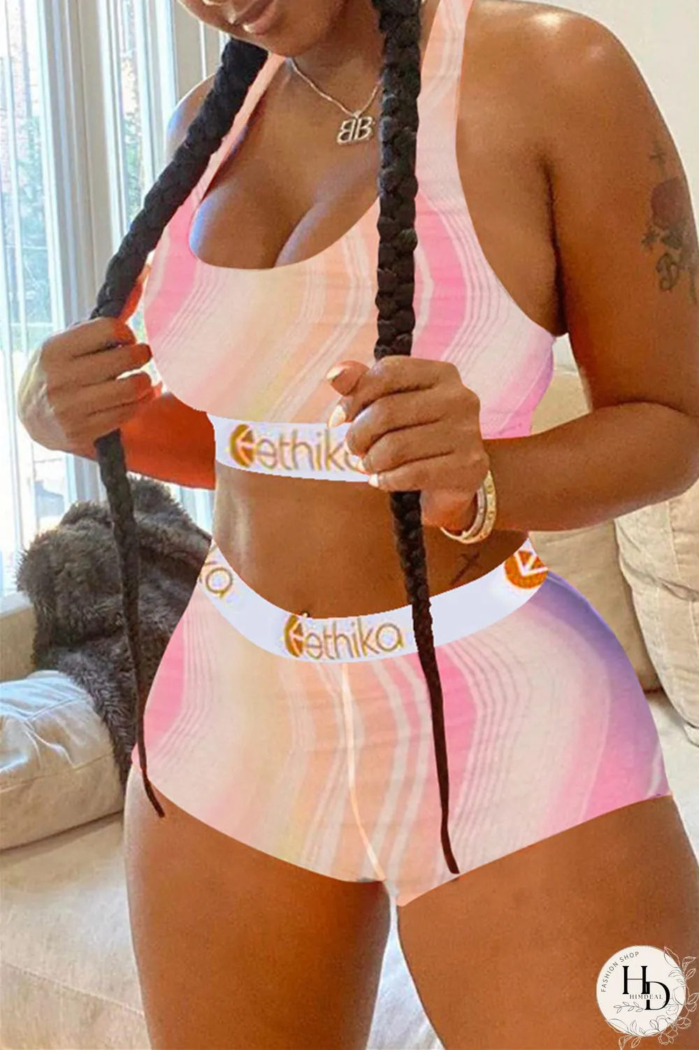 Colour Casual Sportswear Print Vests U Neck Sleeveless Two Pieces