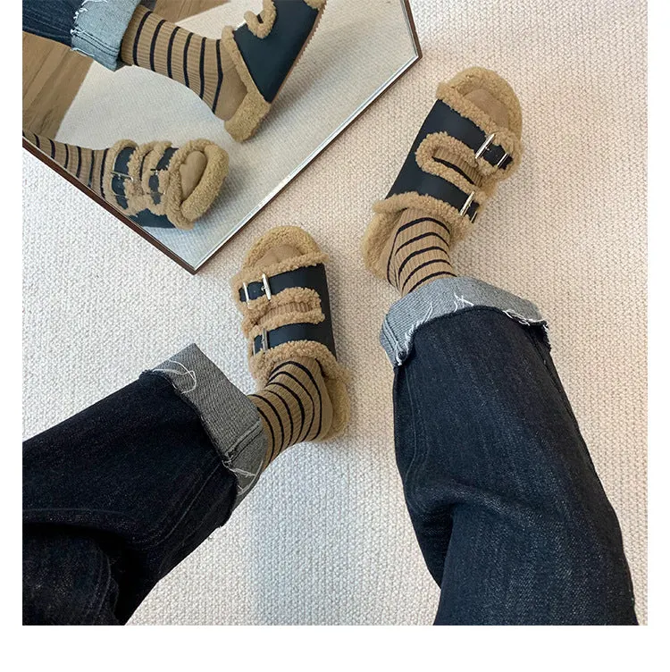 Women's Casual Colorblock Open Toe Flat Sole Plush Slippers