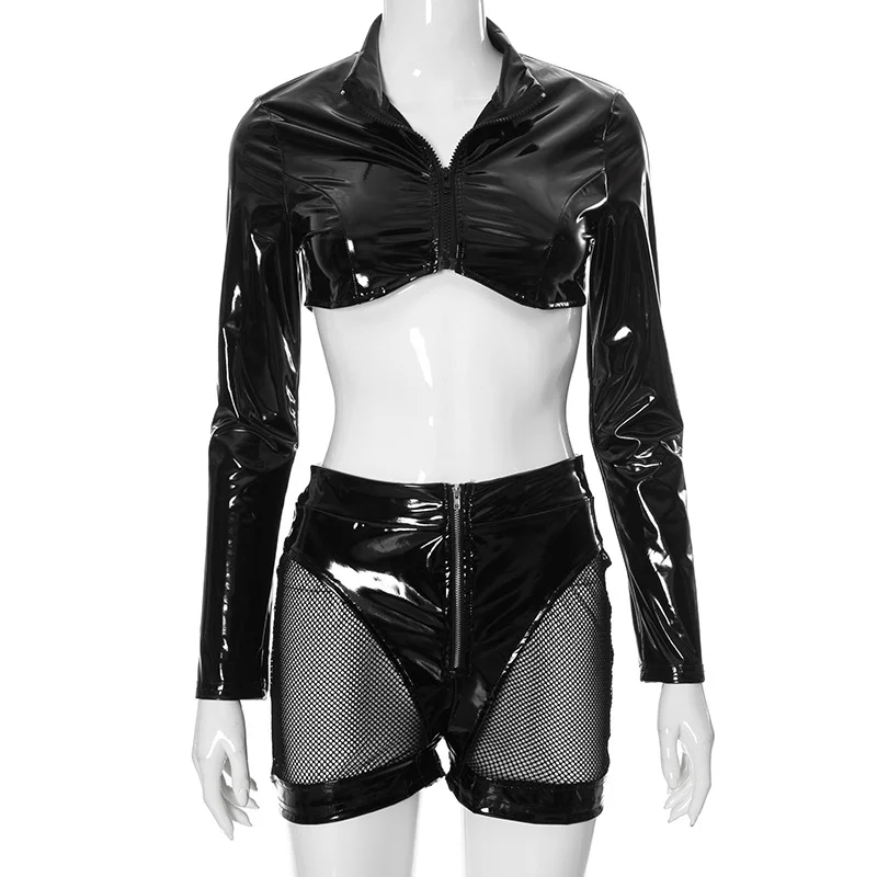Brownm Brownm Women's PU Mirror Leather Sexy Zipper Short Top Hollow Bag Hip Short Suit