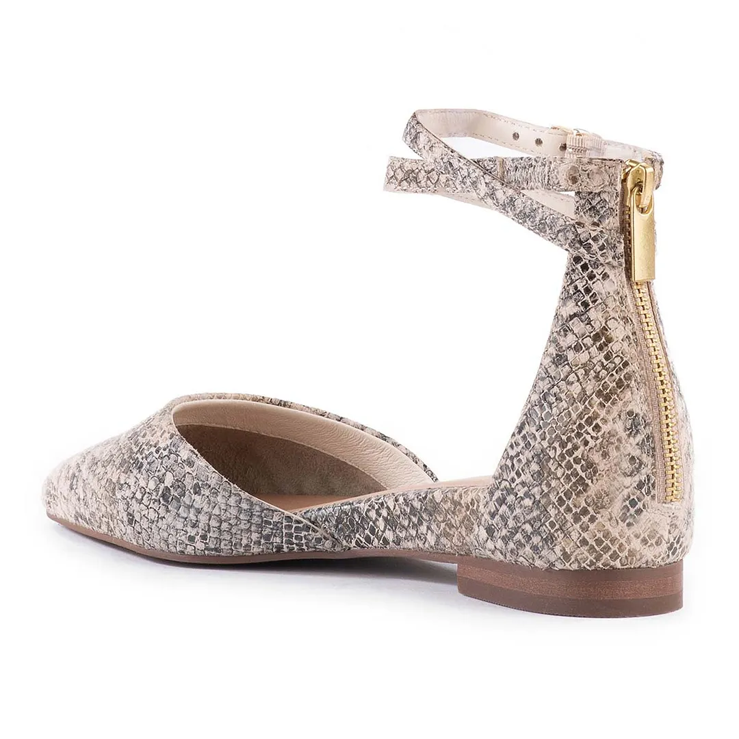 Beige Snakeskin Print Pointed Toe Ankle Strap Flat Shoes Women