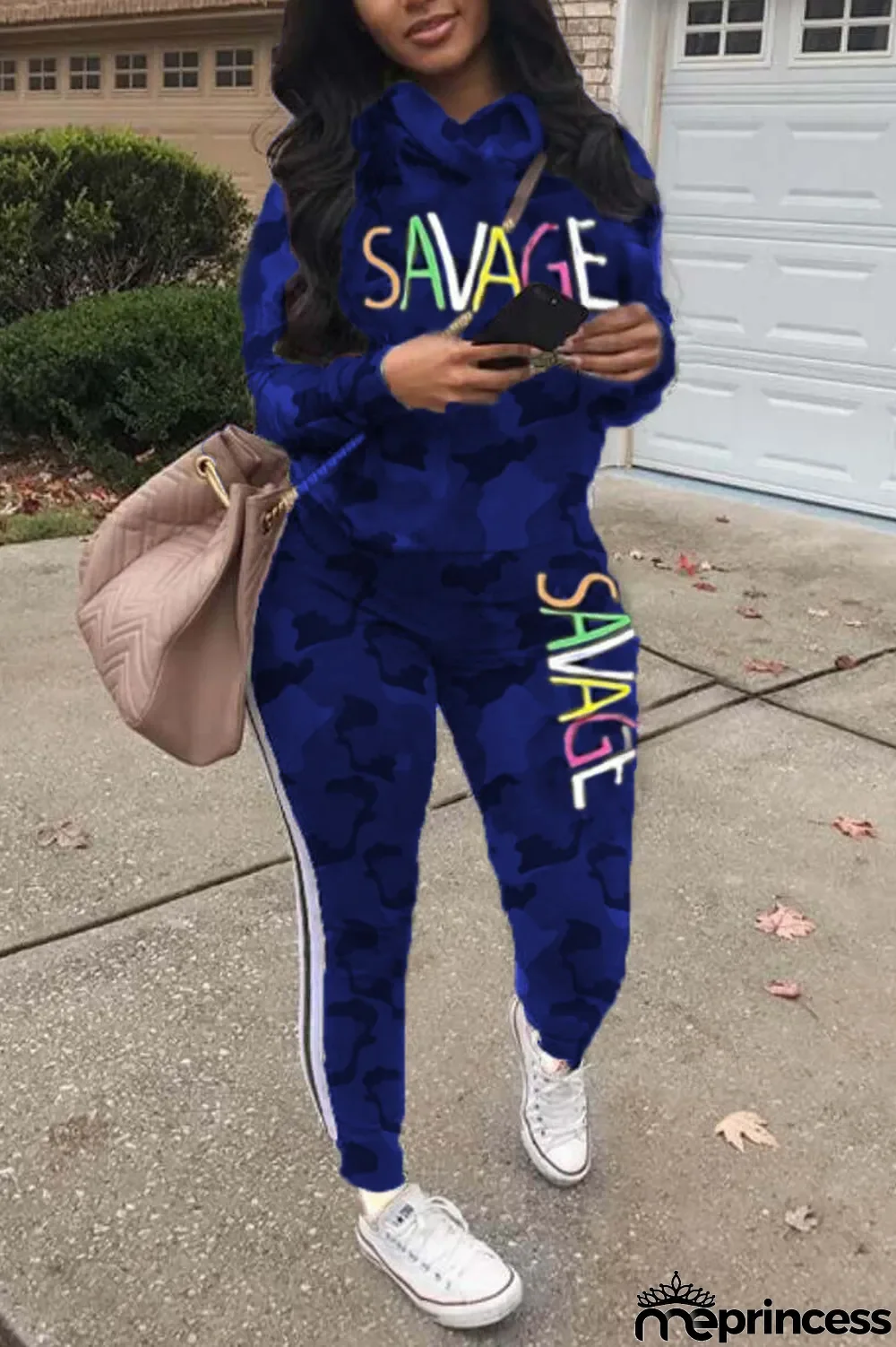 Blue Fashion Casual Letter Print Camouflage Print Letter Turtleneck Plus Size Set