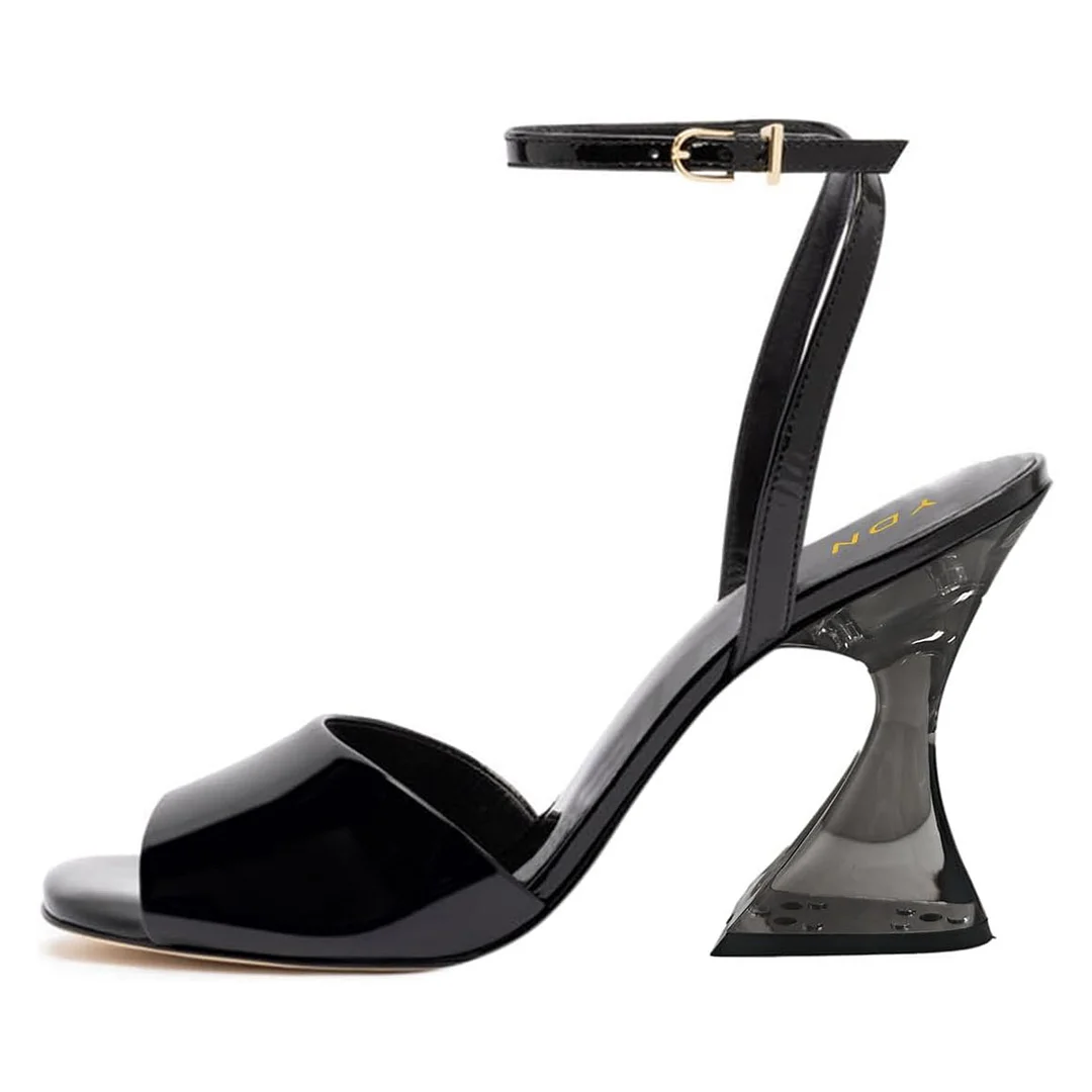 Black Patent Leather Open-Toe Transparent Flared Heel Women's Sandals