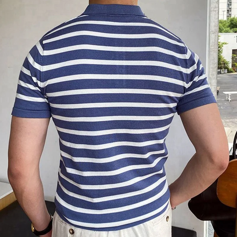 Uveng Uveng Men's Summer New Overturned Knits Blue Striped Business Polo Shirts Men's SY0148