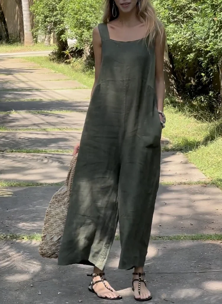 Women's Square Collar Solid Color Jumpsuit