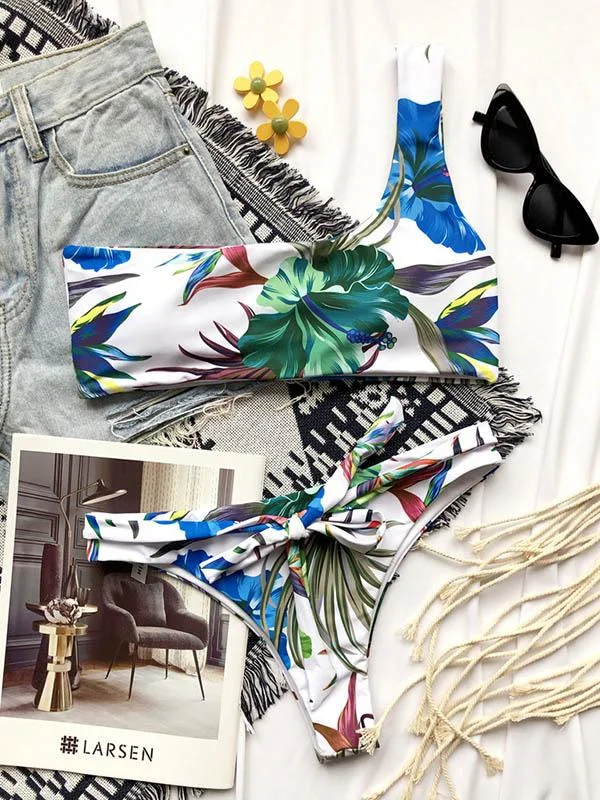 Floral-Print One-Shoulder Belted Split Bikini Swimsuit