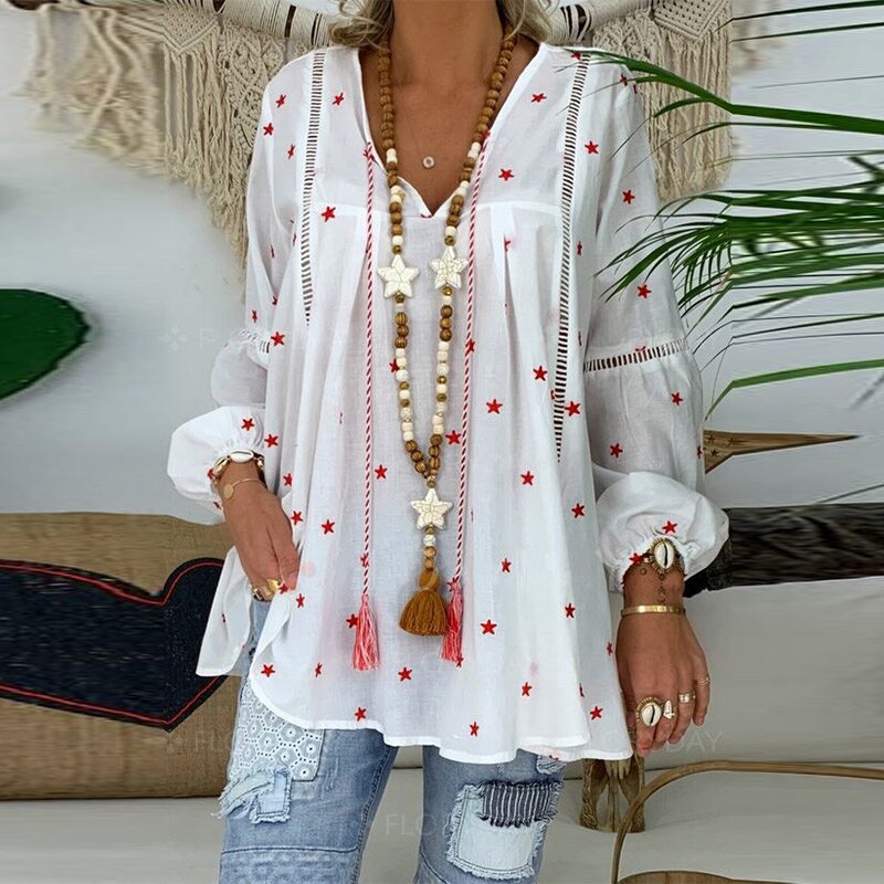 White Blouse For Women Casual Lantern Long Sleeve Hollow Out Pentagram Printed