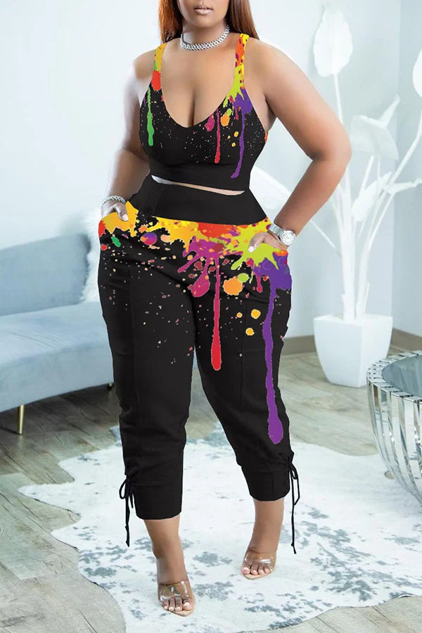 Tie Dye Ink Deep U Neck Sleeveless Pants Set