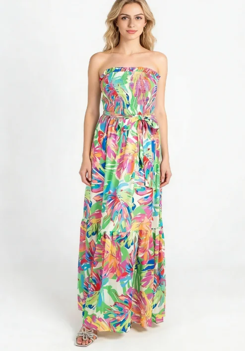 Tropical Breeze Smocked Strapless Maxi Dress