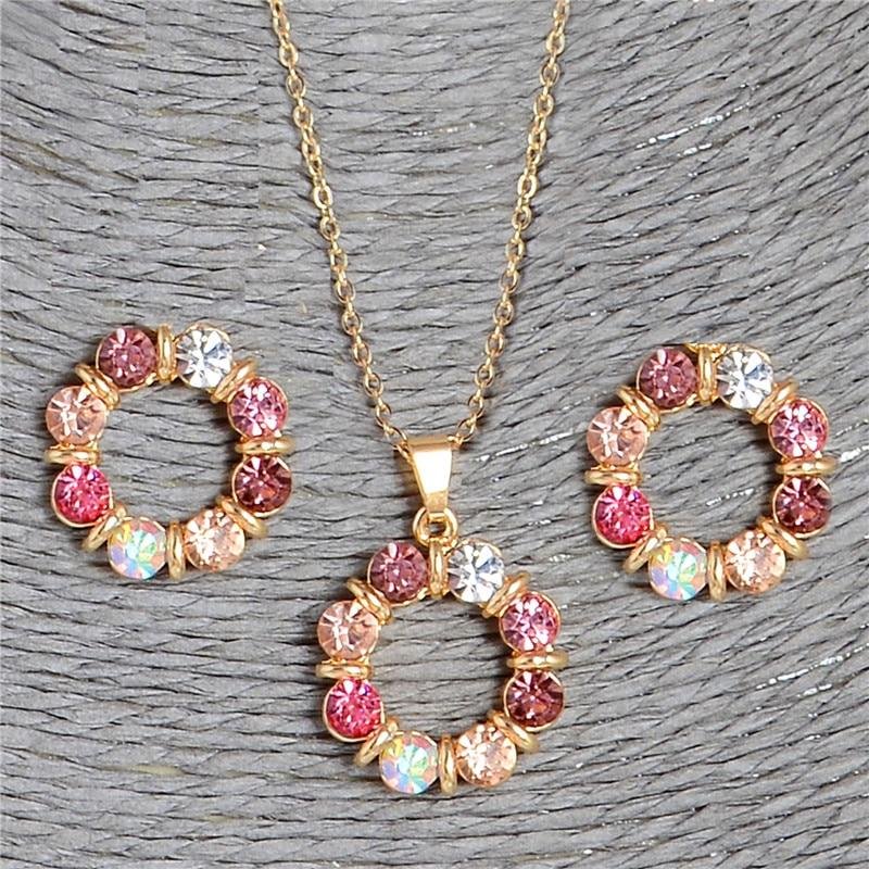 Gold Silver Sweet Circle Shape Crystal Necklace Earrings Women Jewelry Sets