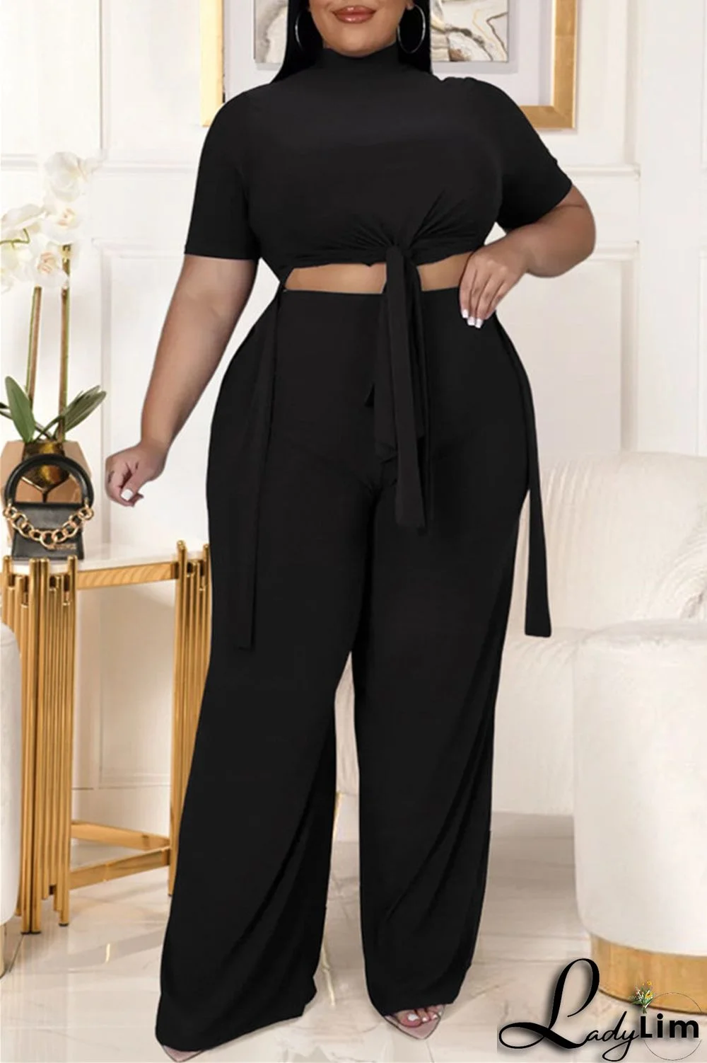 Black Fashion Casual Solid Bandage Slit Turtleneck Plus Size Two Pieces