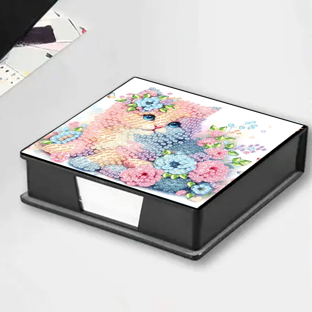 DIY Flower Cat Leather Diamond Art Note Box with 160 Sheets of Paper for Beginners