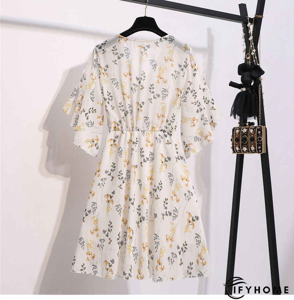 Spring Summer Chiffon Women V-Neck Floral Print Short Dresses Sweet Ruffle Sleeeve Slim Drawstring Ladies Dress | IFYHOME
