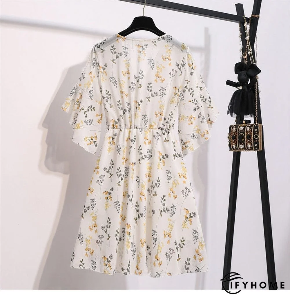 Spring Summer Chiffon Women V-Neck Floral Print Short Dresses Sweet Ruffle Sleeeve Slim Drawstring Ladies Dress | IFYHOME