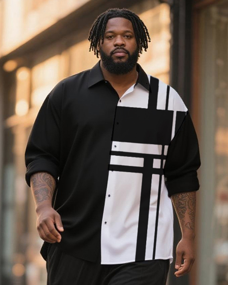 Big & Tall Men's Business Black And White Color Matching Check Print Long Sleeve Shirt Trousers Suit