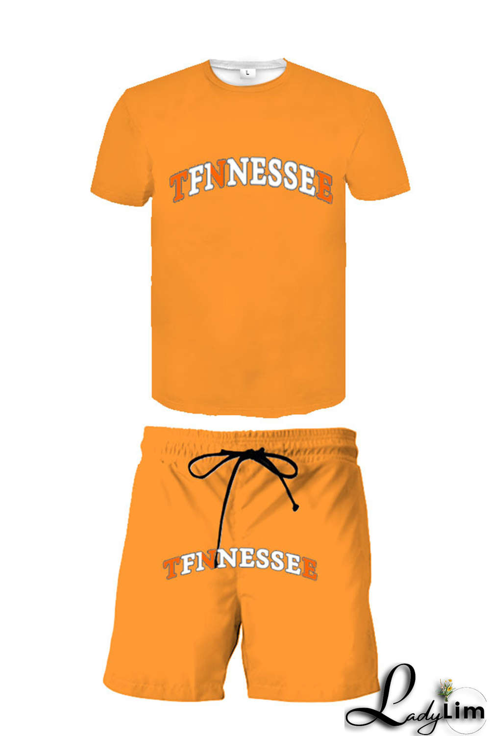 Tangerine Red Casual Print Patchwork O Neck Short Sleeve Two Pieces