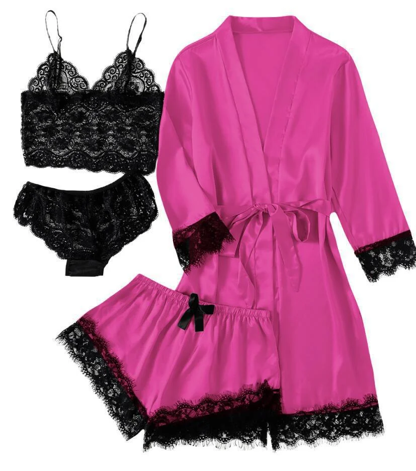 Brownm 2021 New Ladies Pajamas Four-Piece Sexy Sling Skirt Set Home Lace Pajamas Set